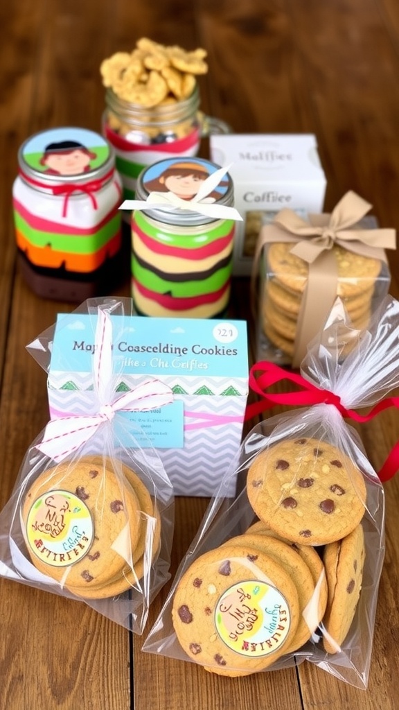 An assortment of creatively packaged cookies in mason jars, decorative boxes, and cellophane bags on a wooden table.